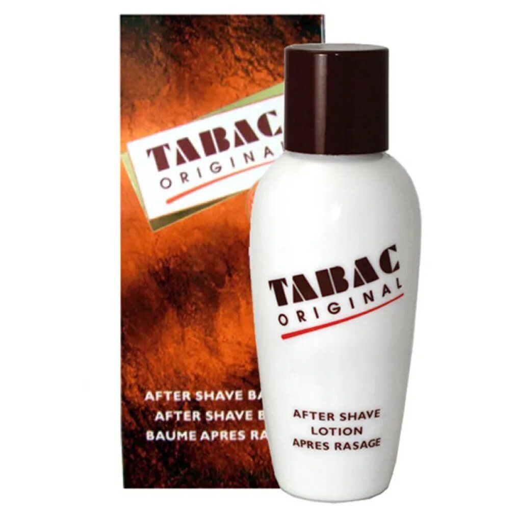 Flacone bianco con tappo marrone e confezione rossa. Scritta: TABAC ORIGINAL, After Shave Lotion.