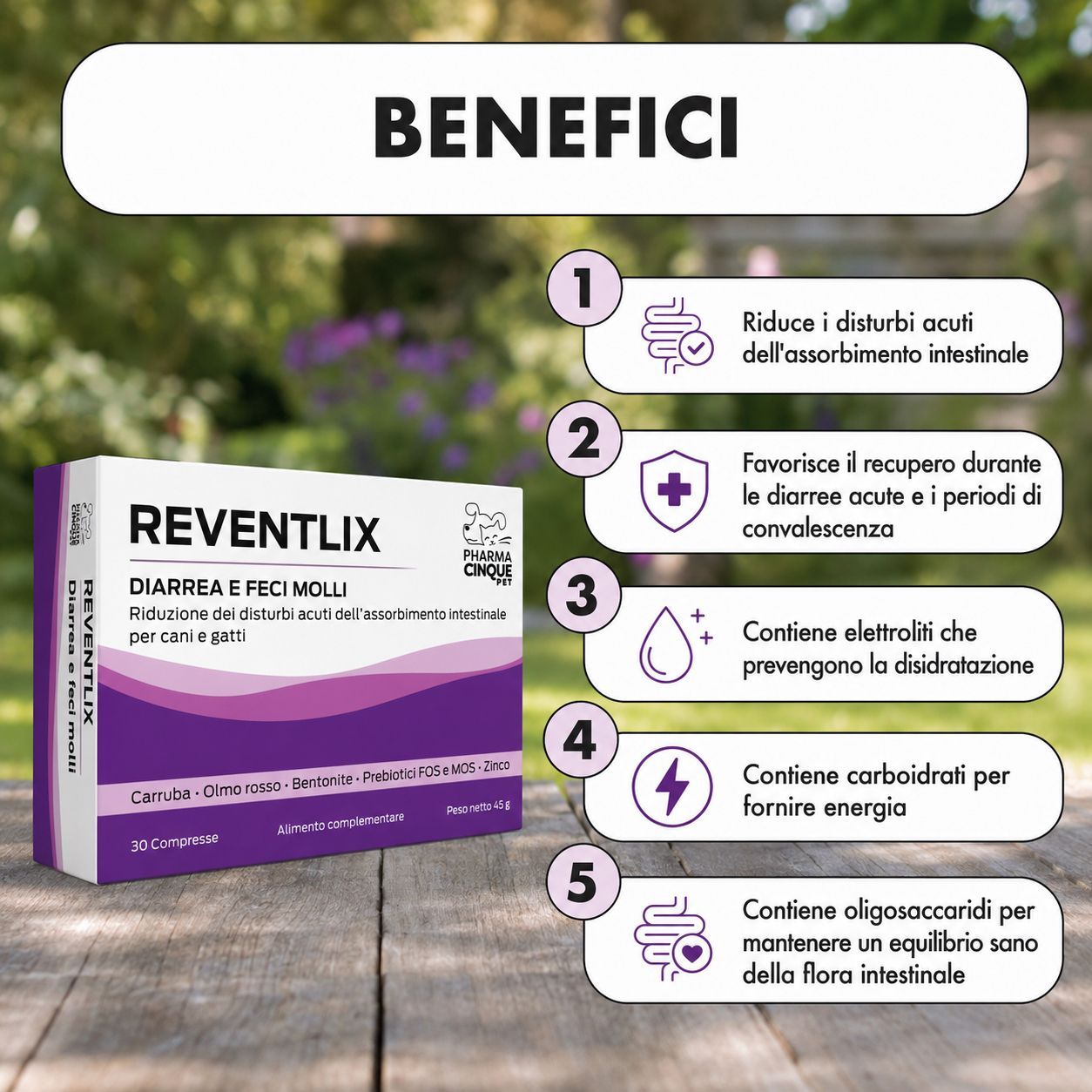 Confezione Reventlix con i benefici per la salute intestinale degli animali.