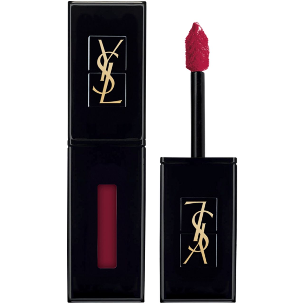 Applicatore rossetto nero con balsamo bordeaux. Logo YSL dorato. Aperto, pennello visibile.