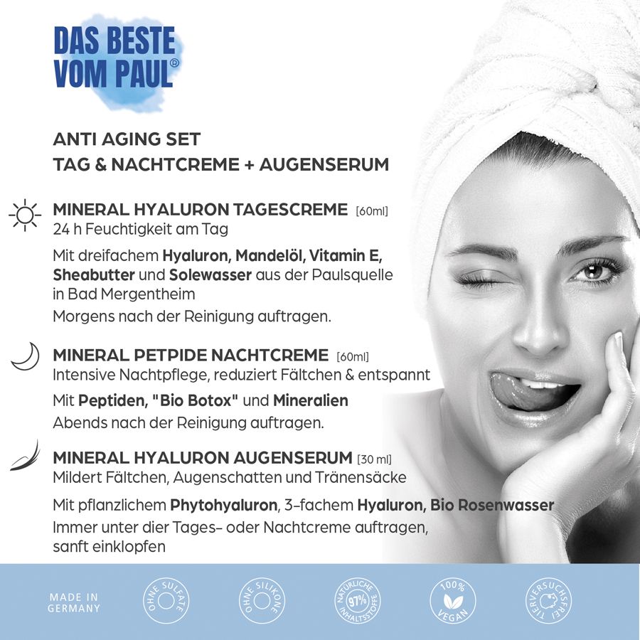 Confezione del prodotto con testo: ANTI AGING SET, TAG & NACHTCREME + AUGENSERUM. Donna con asciugamano, tira fuori la lingua.