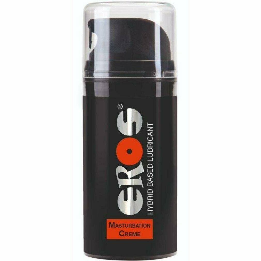 Flacone nero con dosatore a pompa. Scritta: EROS, Hybrid Based Lubricant, Masturbation Creme.