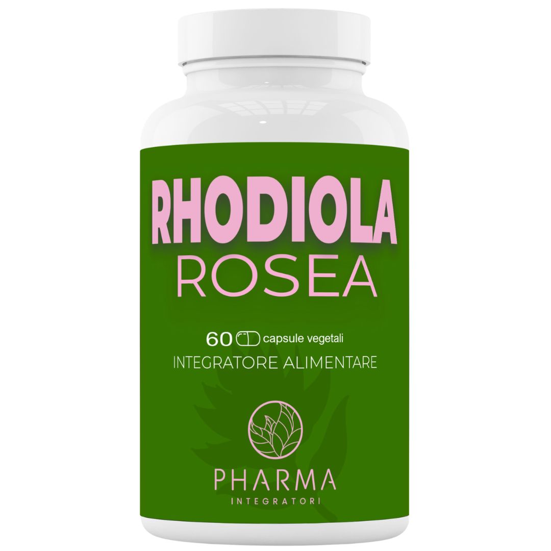 Flacone bianco, etichetta verde. Scritta: RHODIOLA ROSEA, 60 capsule, Integratore Alimentare. Logo.