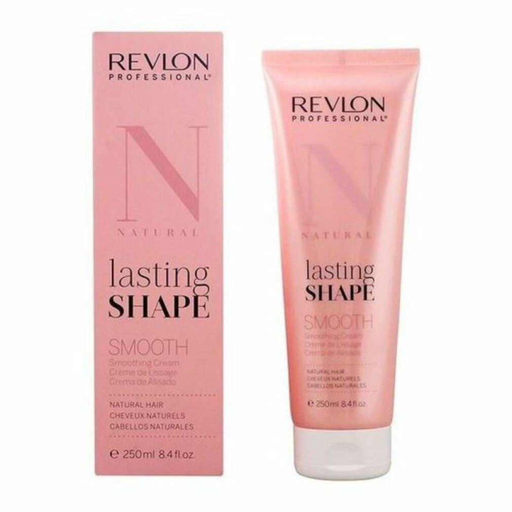 Revlon Lasting Shape Smooth crema per capelli, tubo e confezione. Rosa, tappo bianco. Testo: Revlon, Natural, Smooth, 250ml.
