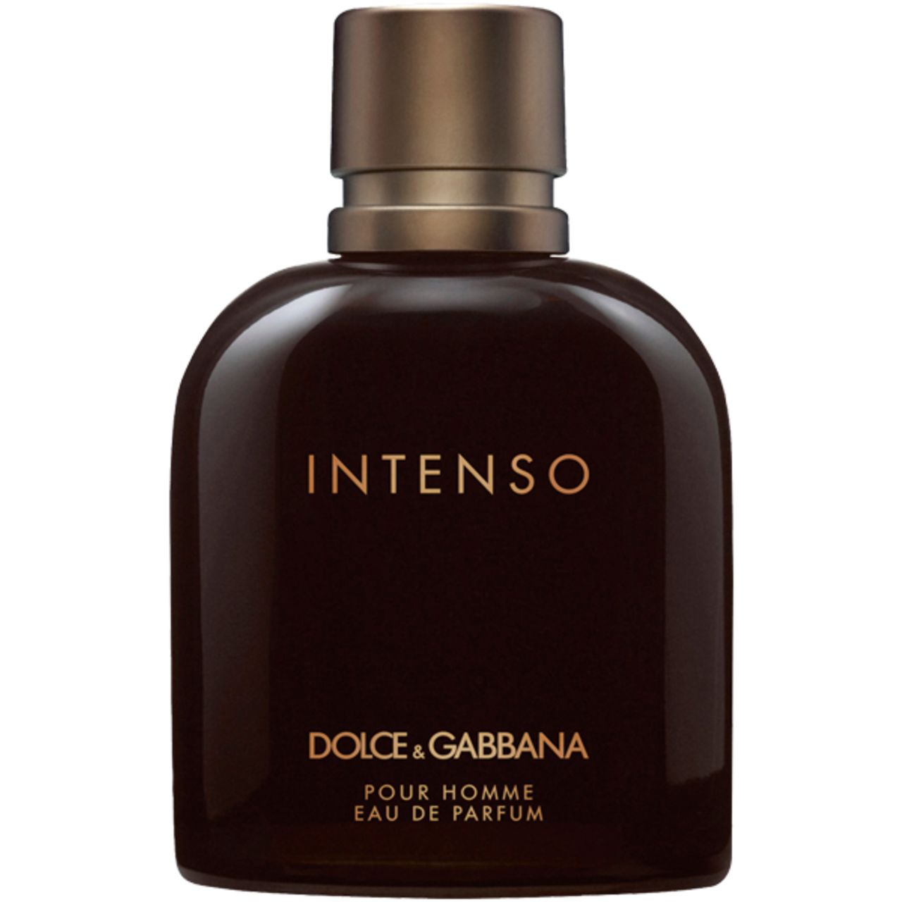 Flacone marrone scuro con tappo dorato. Scritta INTENSO e DOLCE & GABBANA. Eau de Parfum.