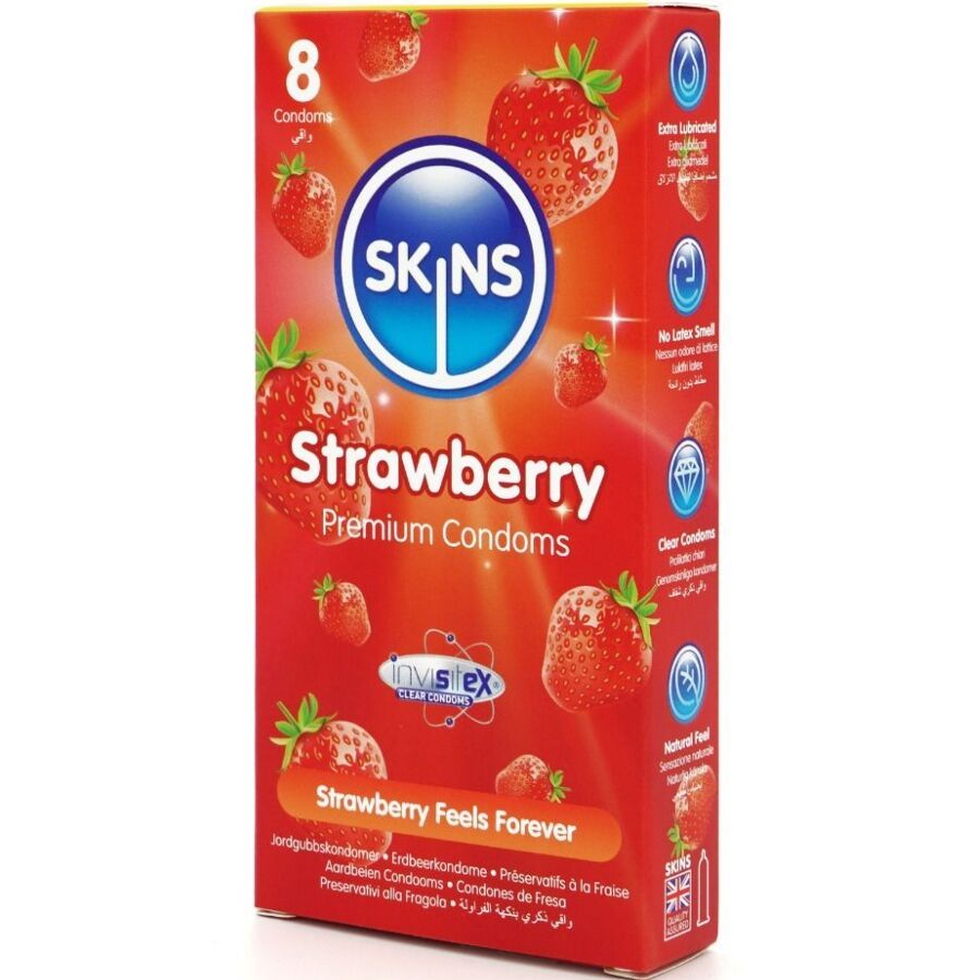 Confezione da 8 preservativi SKINS Strawberry. Scatola rossa con fragole. Scritto: Strawberry Feels Forever.