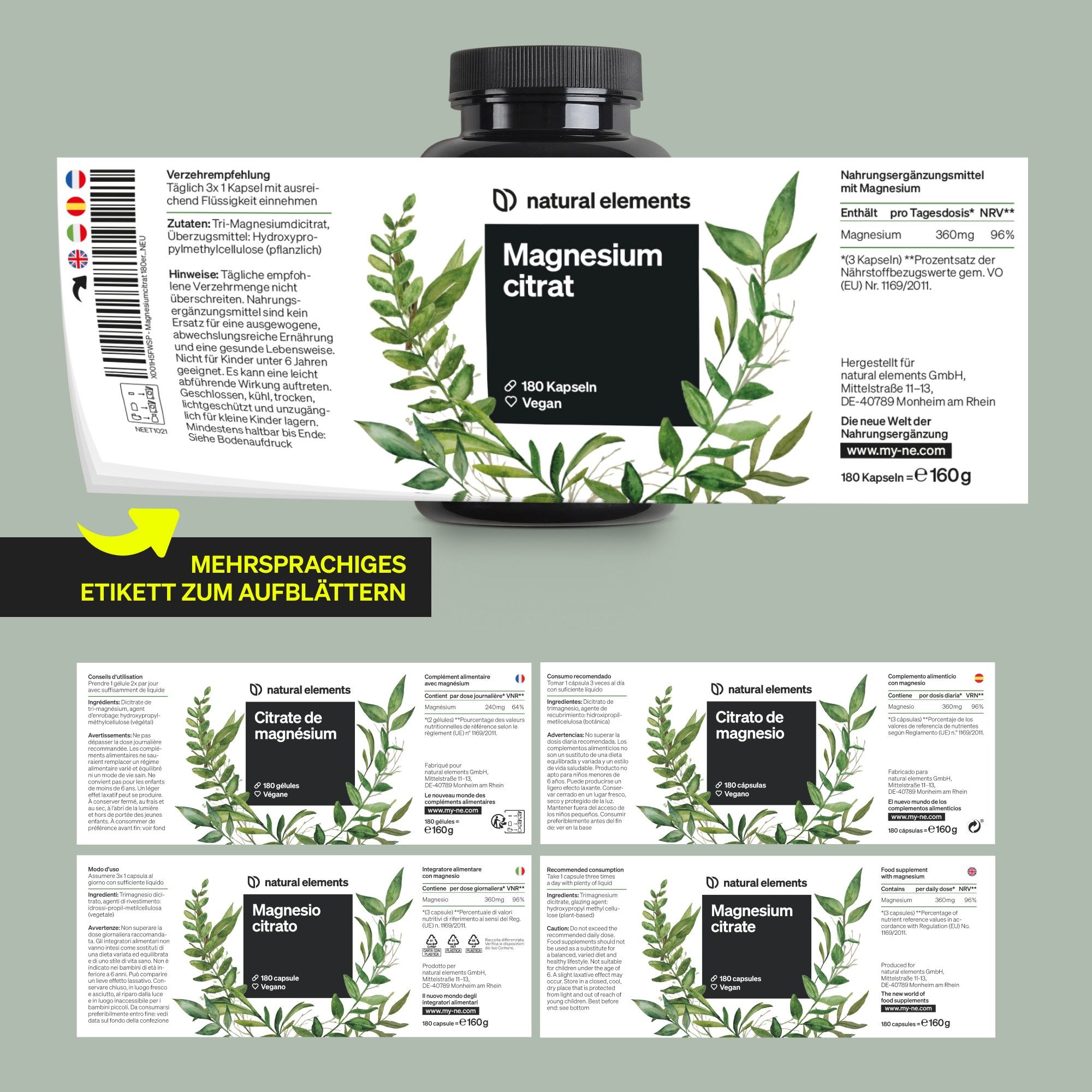 Etichetta del prodotto con informazioni multilingue. Scritta: Magnesiumcitrat, 180 capsule, Vegan. Marchio: natural elements.