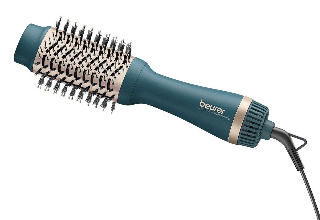 Spazzola ad aria calda turchese e oro. Testina cilindrica con setole. Cavo nero. Marchio 'beurer'.