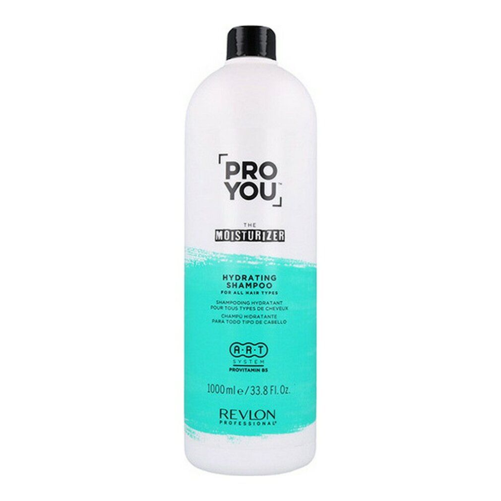 Grande flacone bianco con tappo nero. Scritta: Pro You The Moisturizer, Hydrating Shampoo. Revlon Professional.