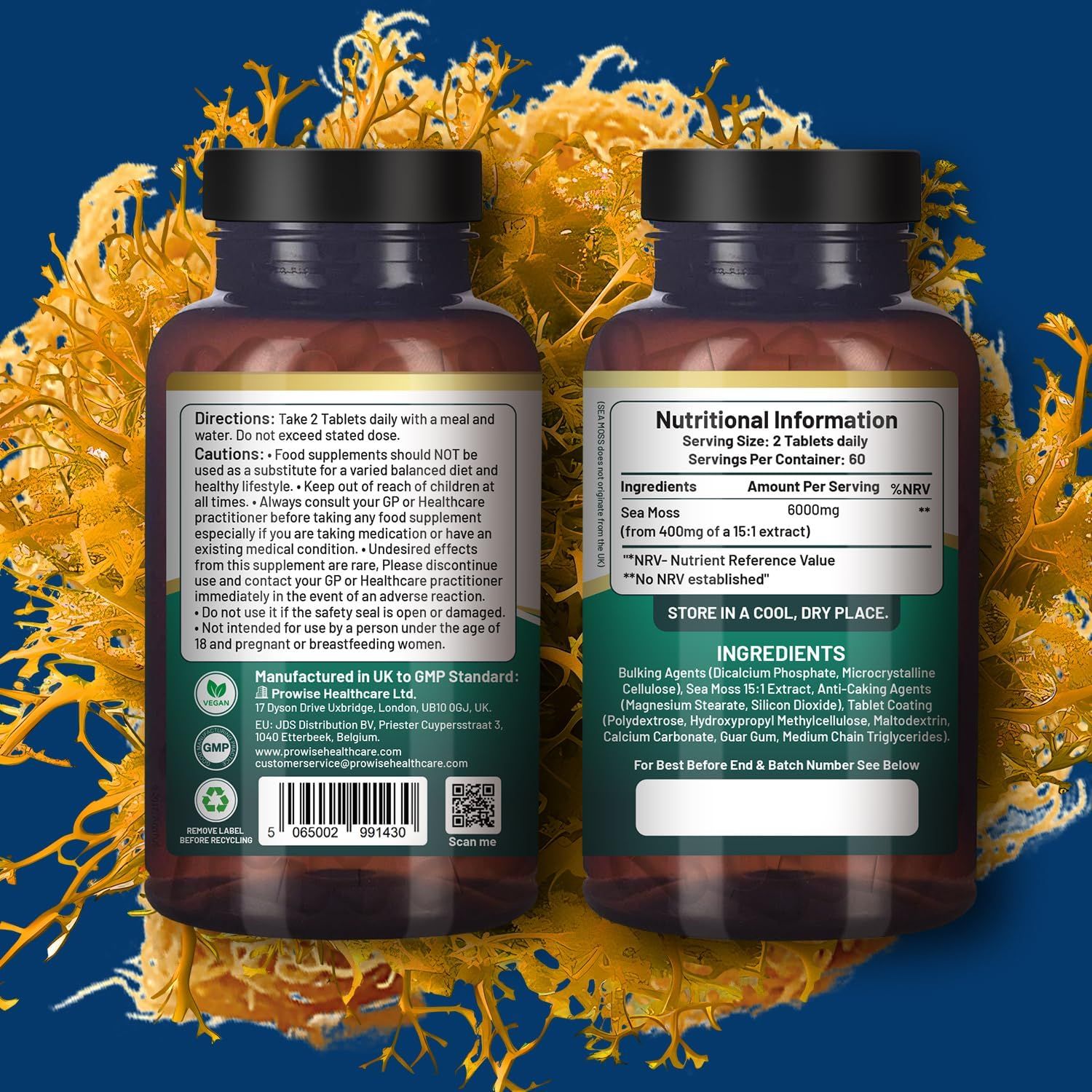 Due bottiglie di Prowise Irish Sea Moss Tabletten. Scritte: Sea Moss, ingredienti, informazioni nutrizionali. Bottiglie marroni, tappi neri.