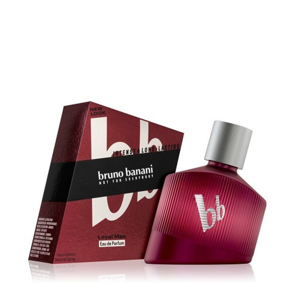 Flacone rosso e confezione. Logo 'Bruno Banani' e 'Loyal Man'.