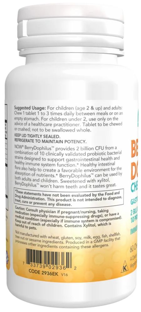 Retro del flacone bianco "BerryDophilus". Informazioni su ingredienti, uso e avvertenze. 60 compresse masticabili.