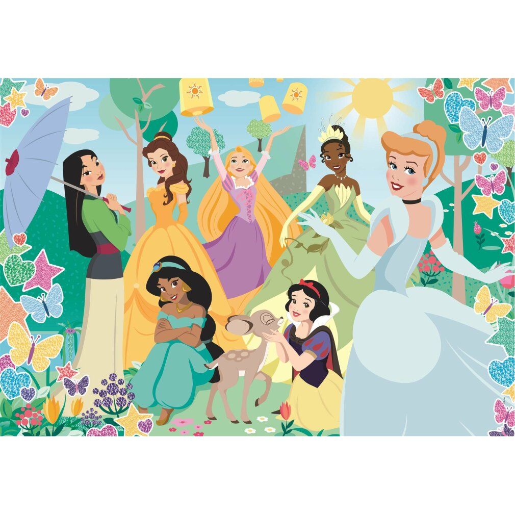 Puzzle con motivo Principesse Disney. 104 pezzi. Marchio Clementoni. Per bambini dai 6 anni in su. Effetto glitter. Rappresentate diverse principesse.