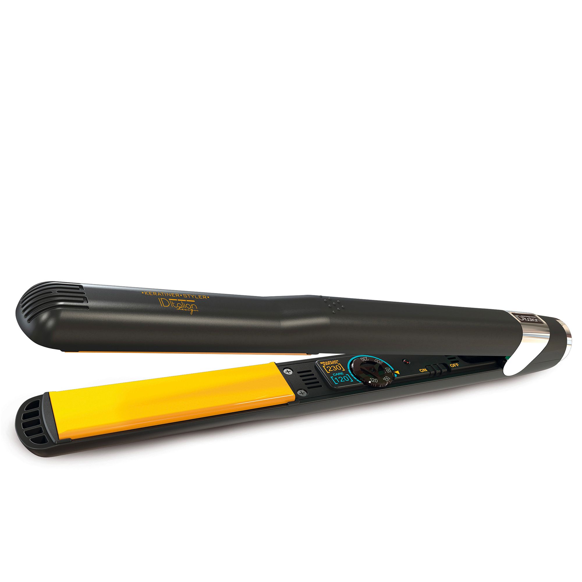 Piastra per capelli nera con piastre in ceramica gialla e display digitale della temperatura.