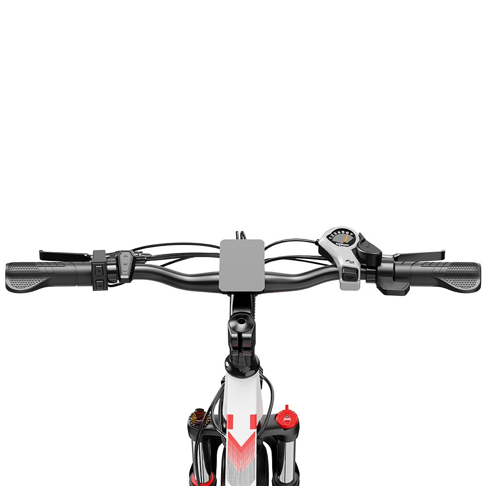 Manubrio di una e-bike. Manopole, comandi, display. Vista dall'alto.