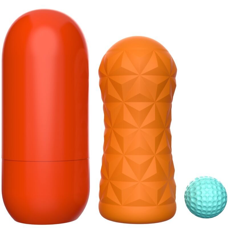 Masturbatore arancione con motivo geometrico, posato accanto al suo astuccio arancione e a una pallina blu.