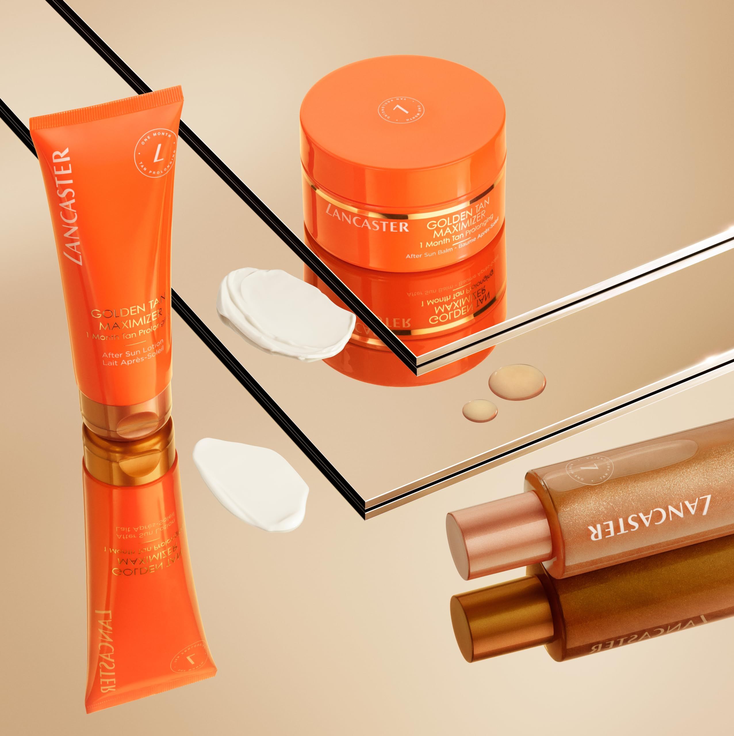 Prodotti Lancaster su superficie riflettente. Tubo, vasetto e flacone di olio doposole. Testo visibile.