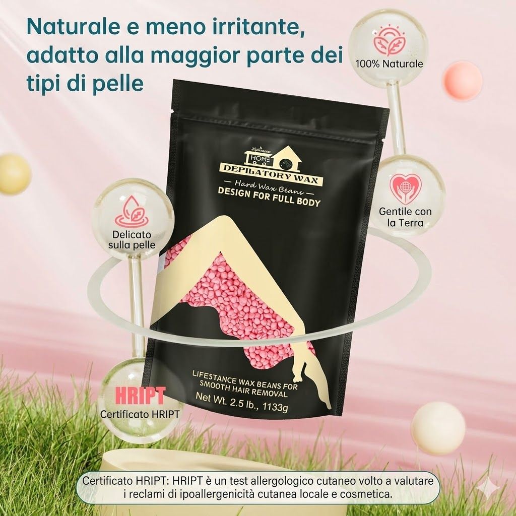 Confezione nera con perle di cera rosa. Testo: Lifestance, cera depilatoria, design per tutto il corpo. Certificato HRIPT.