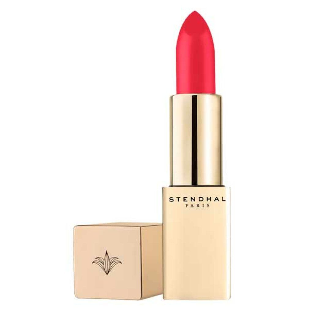 Rossetto dorato aperto con punta rossa. Scritta "STENDHAL PARIS" sul contenitore.