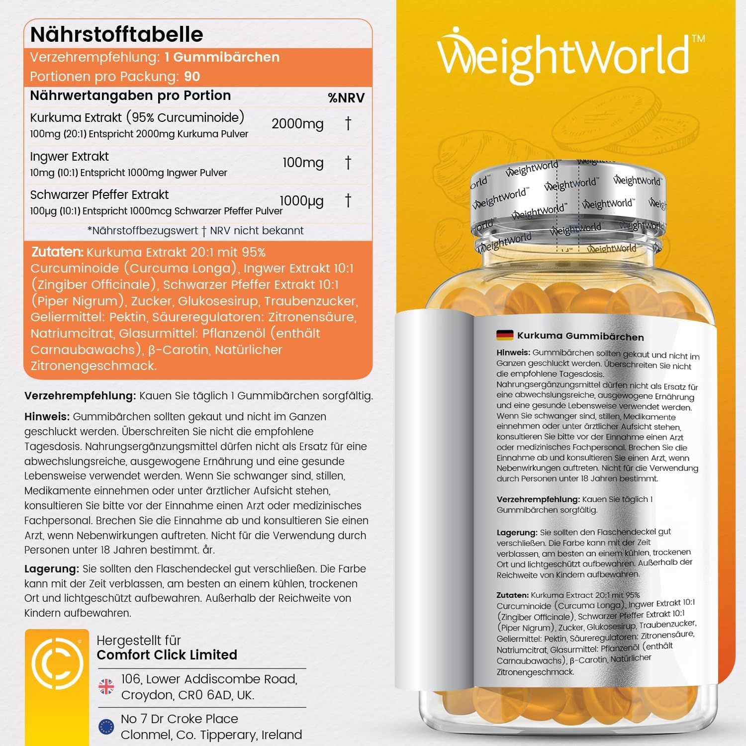 Informazioni nutrizionali e ingredienti delle caramelle gommose al curcuma. Flacone con 90 caramelle.