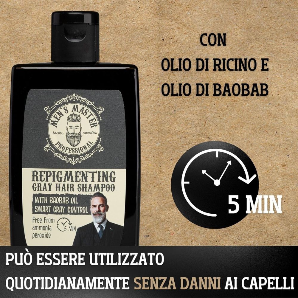 Flacone di shampoo con testo: Con olio di ricino e olio di baobab. 5 minuti. Può essere utilizzato quotidianamente senza danneggiare i capelli.
