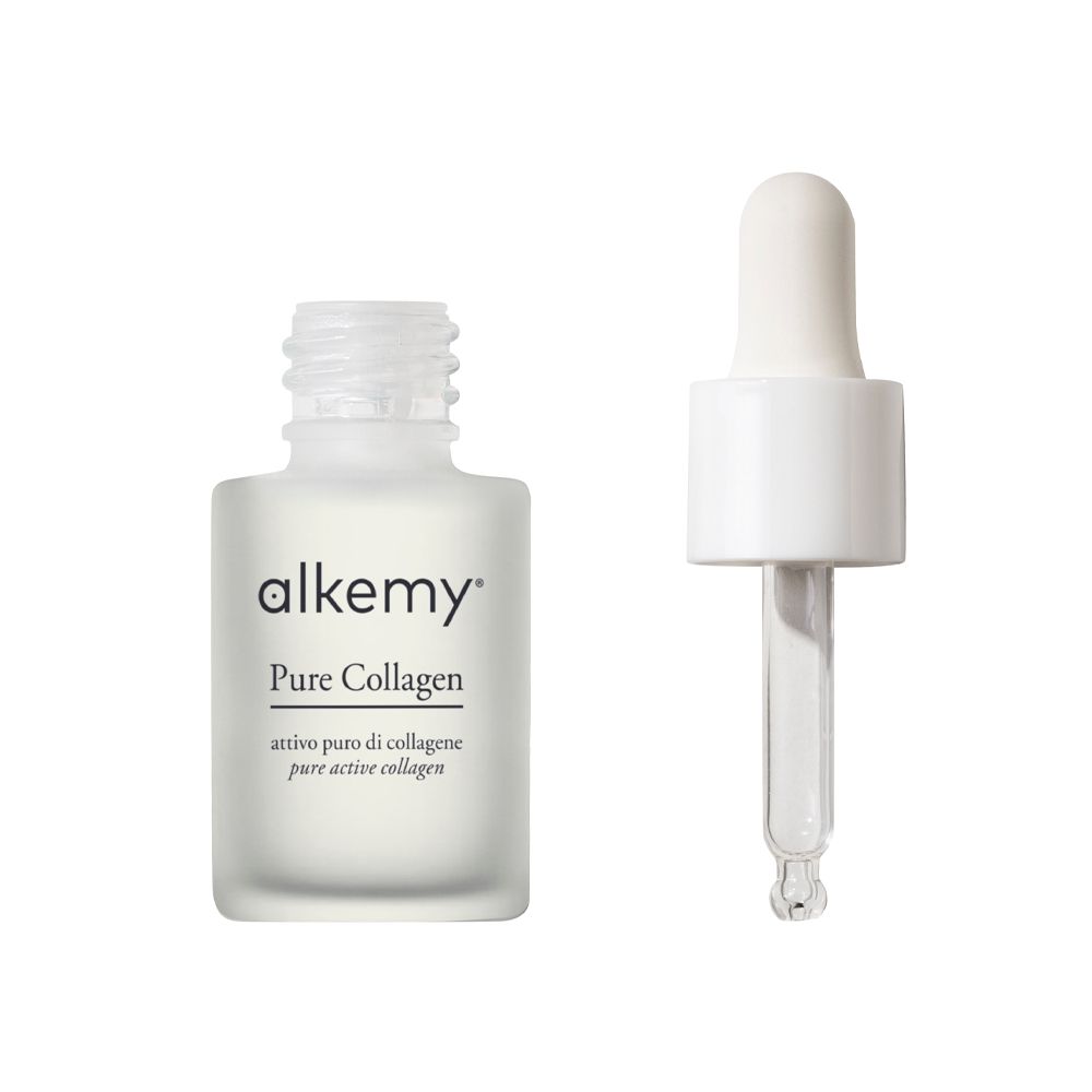 Una fiala di siero Alkemy Pure Collagen e un contagocce uno accanto all'altro.