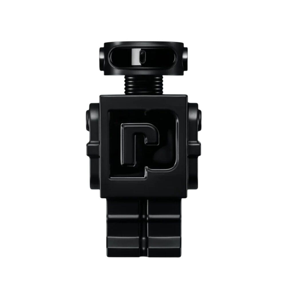 Flacone nero a forma di robot. Il logo "P" è visibile sul petto. Il flacone ha un tappo nero.