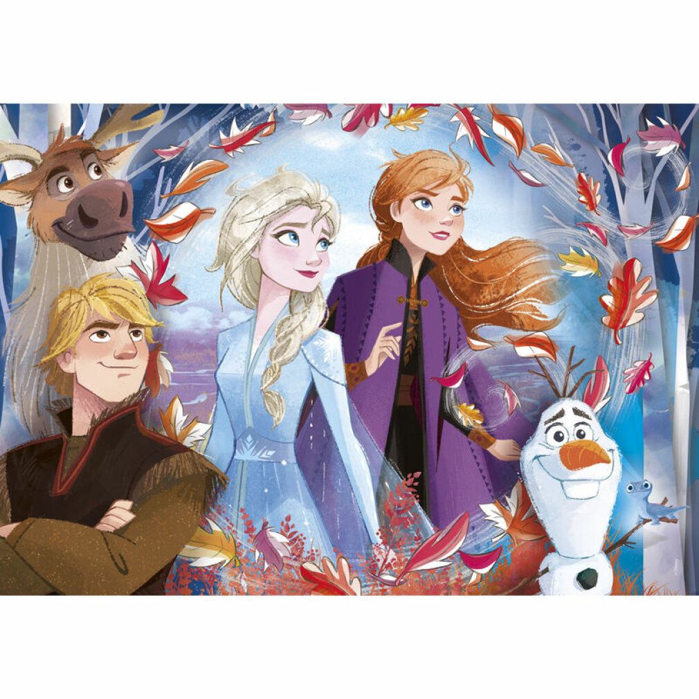 Puzzle Clementoni Frozen 2, 60 pezzi. Immagine dei personaggi Elsa, Anna, Kristoff, Sven e Olaf. Sfondo: foresta con foglie.