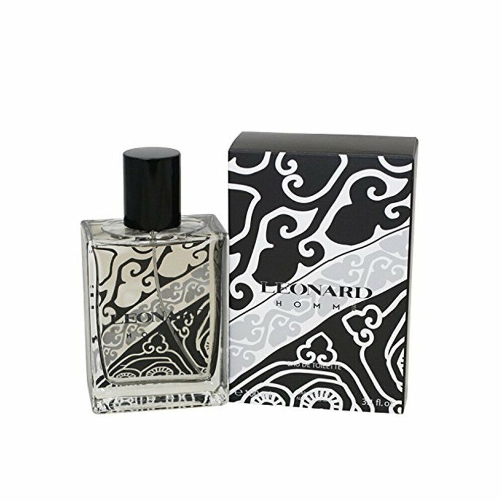 Flacone e confezione di Leonard Homme Eau de Toilette. Motivo nero e grigio. Tappo nero. Scritta: Eau de Toilette.