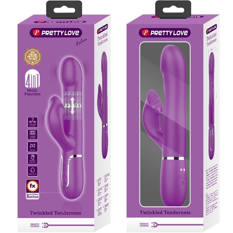 Confezione per vibratore coniglio viola con immagini del prodotto e testo.
