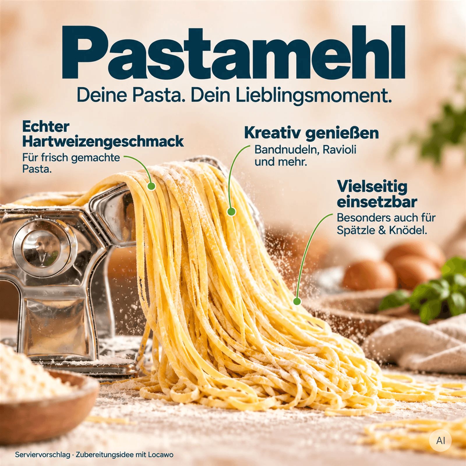 La pasta viene prodotta da una macchina per la pasta su un tavolo di legno.