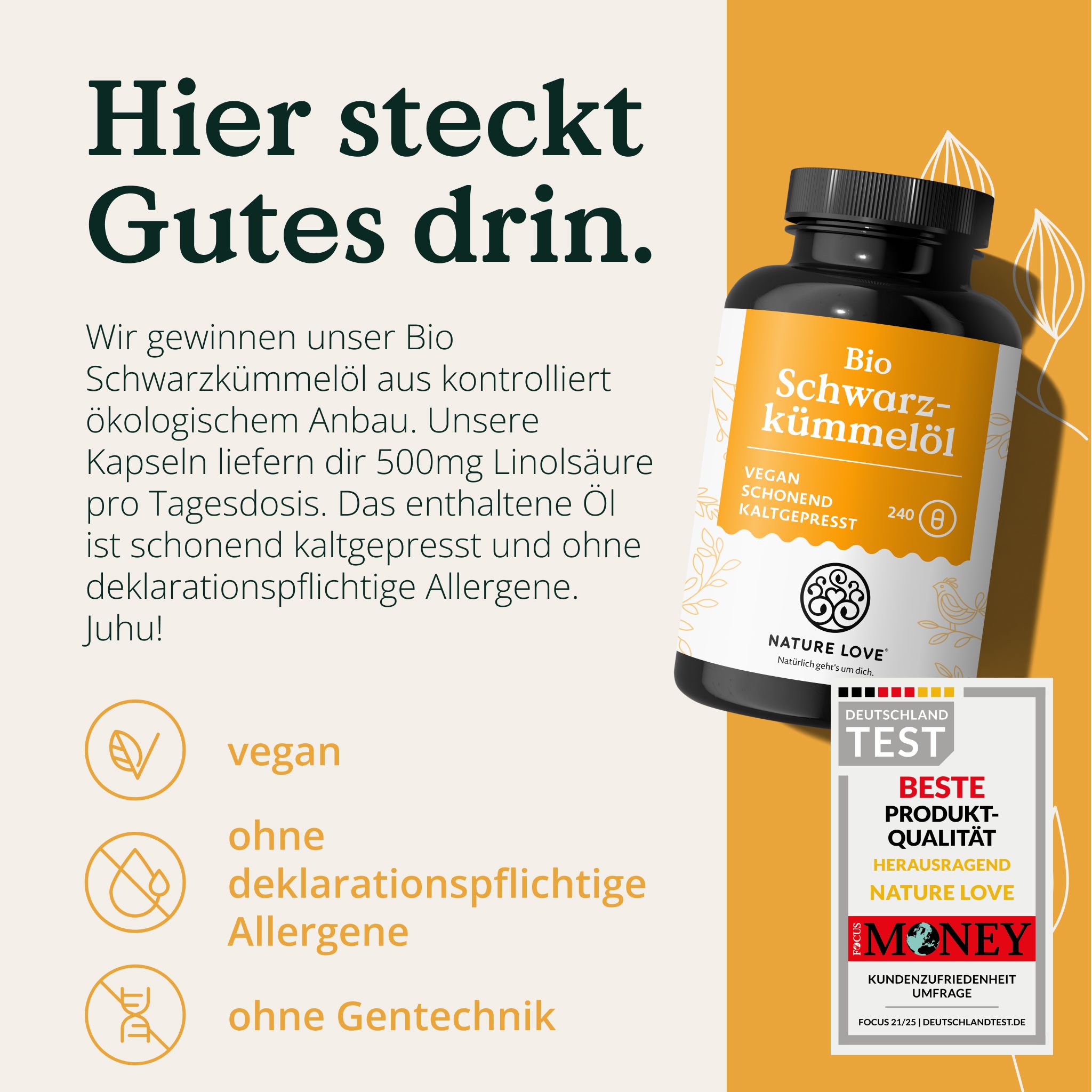 Flacone di olio di cumino nero biologico. Vegano, spremuto a freddo delicatamente. Contiene 500mg di acido linoleico per dose giornaliera. Sigillo: "Deutschland Test".