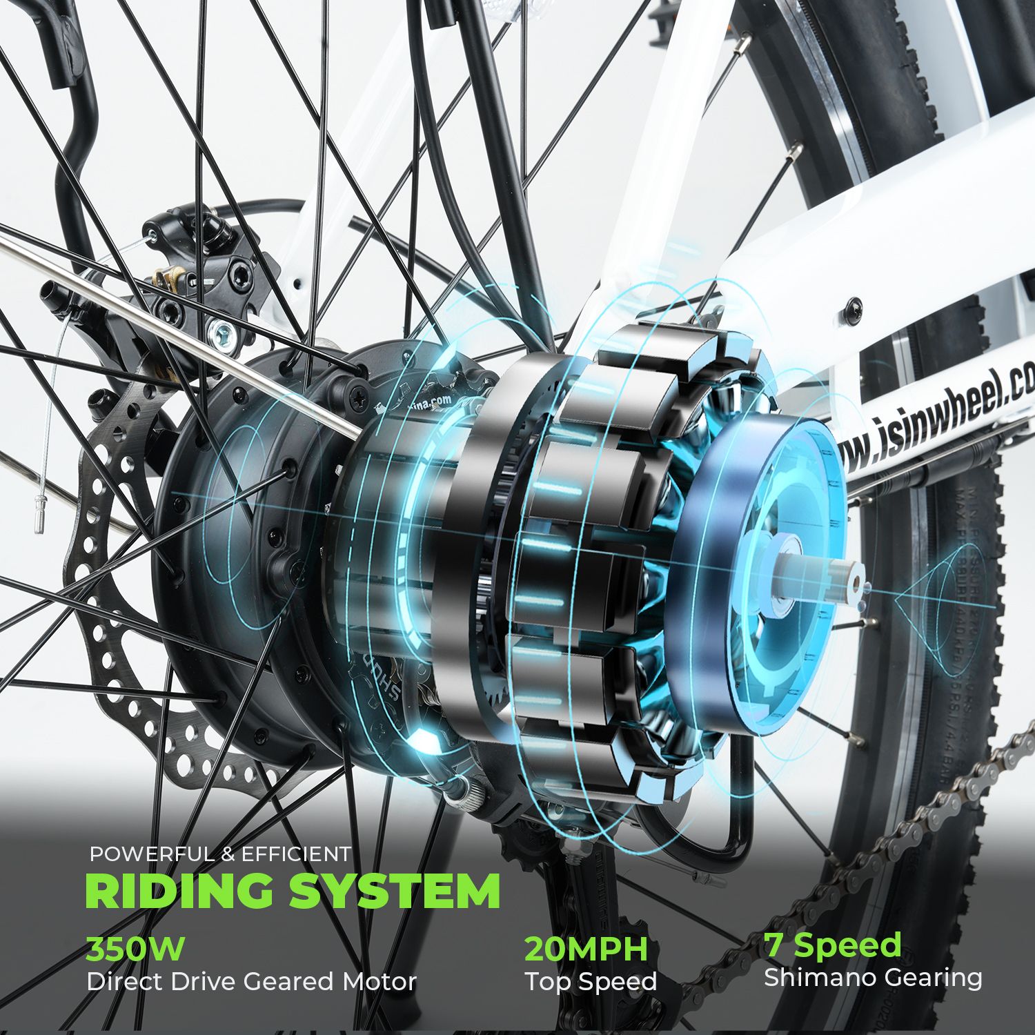 Ruota posteriore con motore Direct Drive 350W, velocità massima 20MPH e Shimano a 7 velocità. Componenti neri e argento.