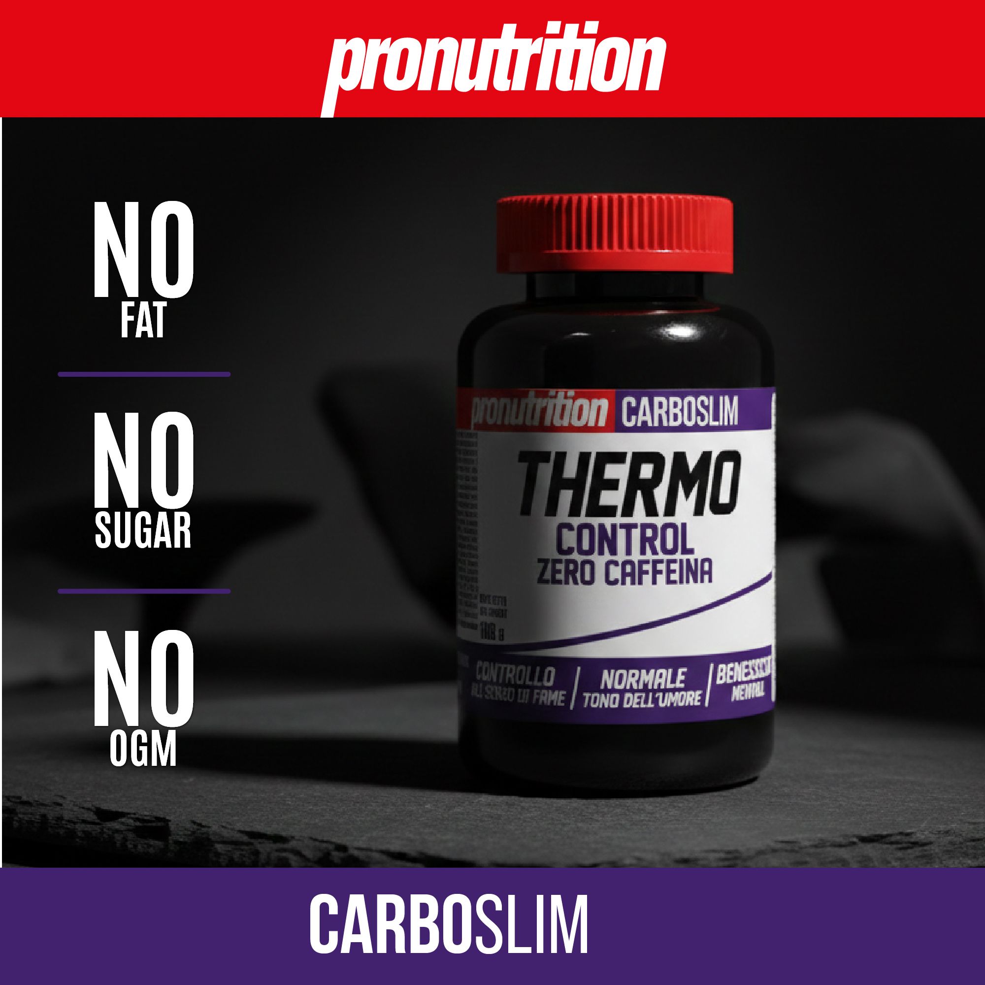 Flacone nero con tappo rosso. Scritta: Thermo Control Zero Caffeine. Con scritta: NO FAT, SUGAR, OGM.
