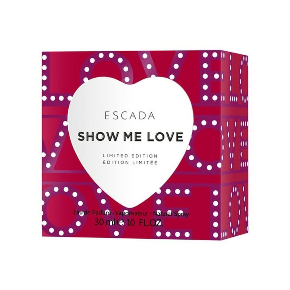 Confezione di Escada Show Me Love. Scatola rossa con cuore bianco.
