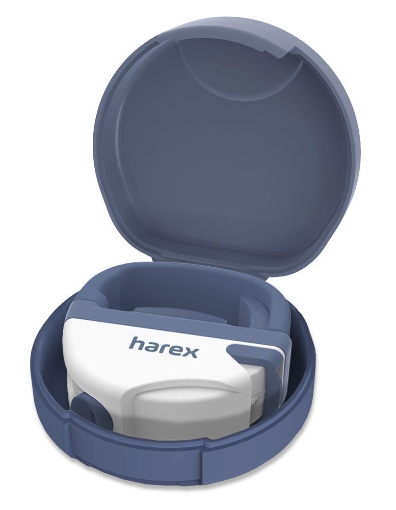 Dispositivo blu e bianco in una scatola rotonda blu. Scritto "harex" sul dispositivo.