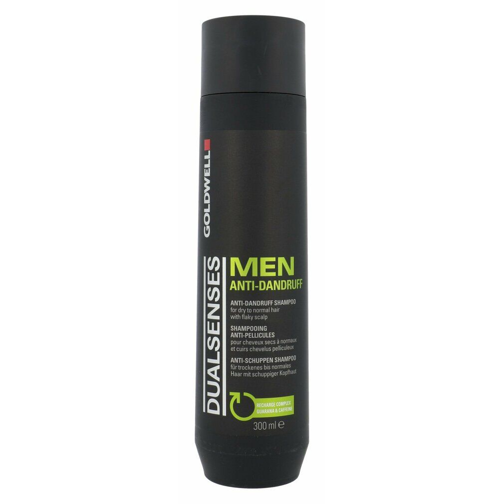 Flacone nero Goldwell Men Dualsenses Shampoo Antiforfora. Testo: Shampoo antiforfora per capelli secchi con cuoio capelluto grasso. 300ml.