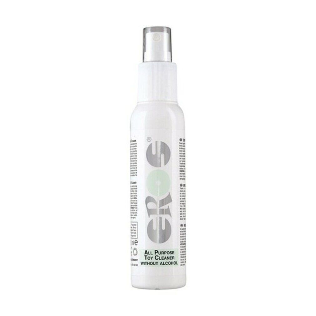 Flacone spray bianco con logo EROS e testo: ALL PURPOSE TOY CLEANER WITHOUT ALCOHOL.