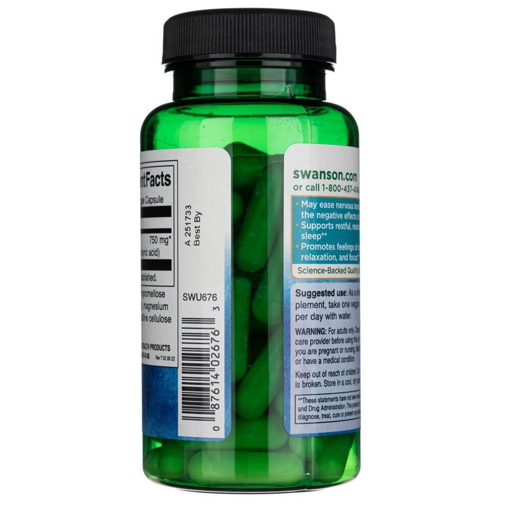 Vista laterale del flacone Swanson GABA 750 mg, che mostra capsule verdi all'interno.