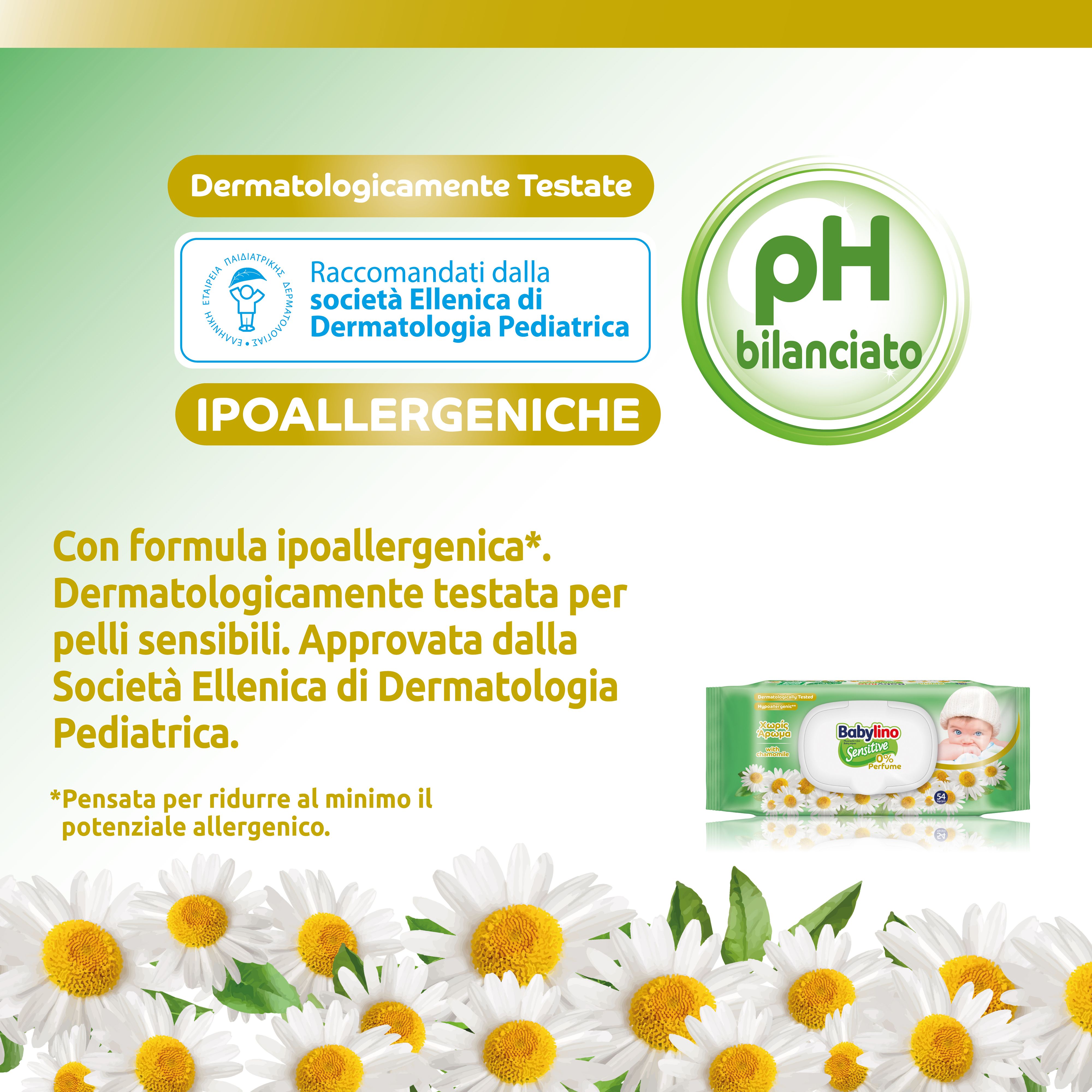 Testo: Dermatologicamente testato, ipoallergenico, pH bilanciato. Pacchetto Babylino con camomilla.