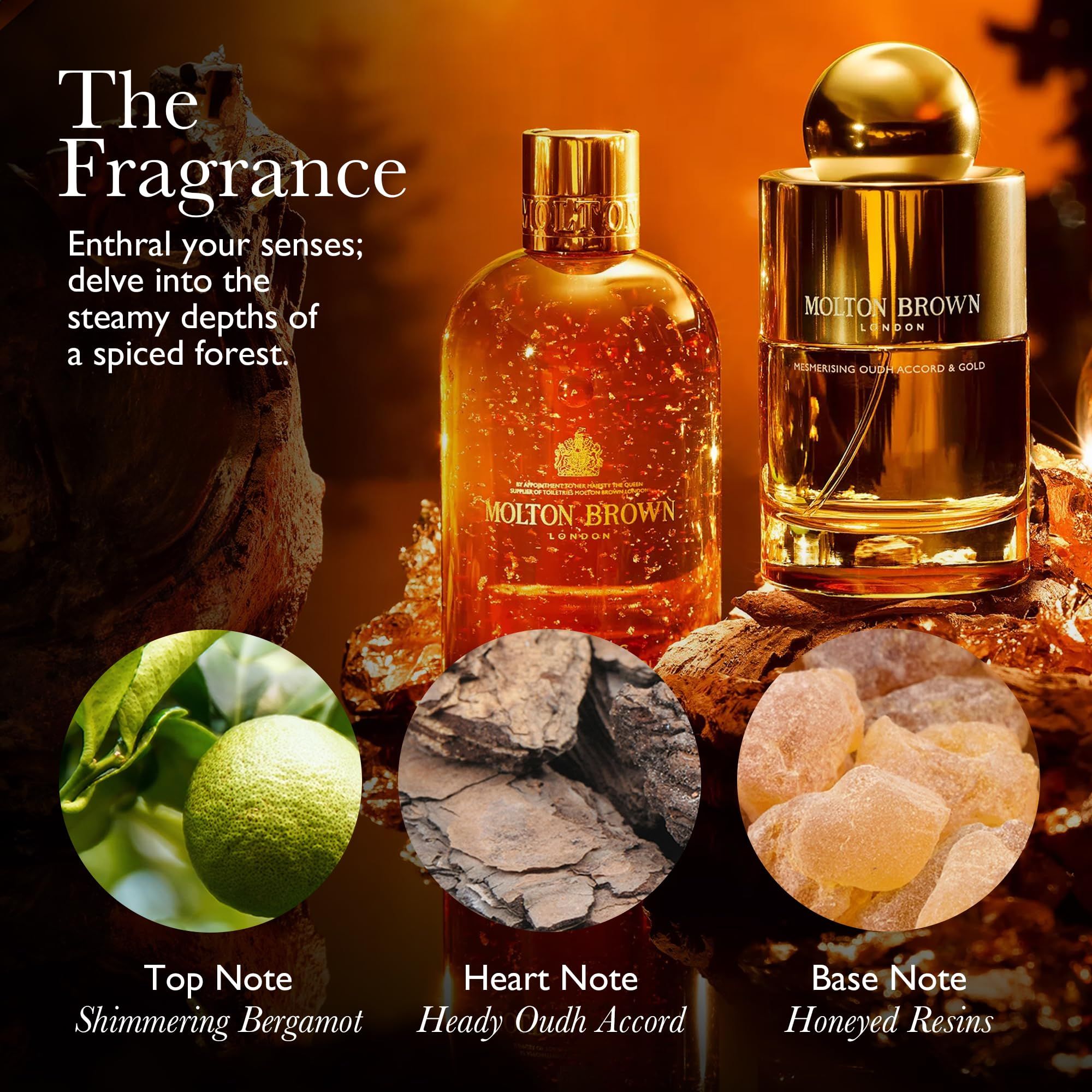 Flaconi di gel da bagno e doccia e Eau de Parfum Molton Brown con accenti dorati.