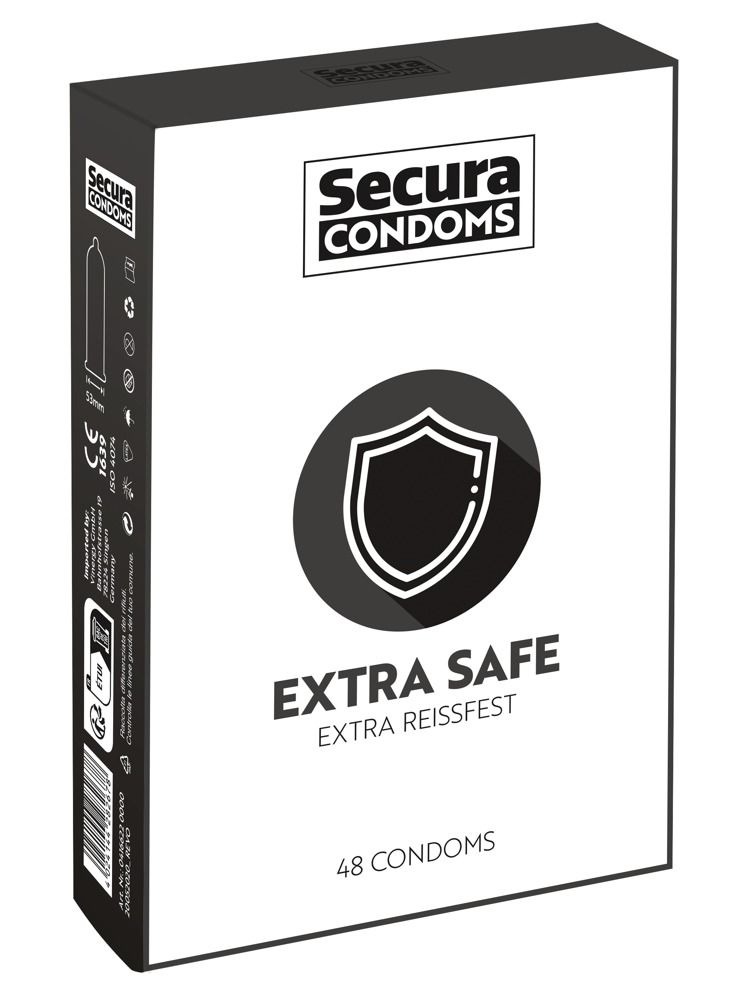 Confezione Secura Extra Safe, 48 preservativi. Con simbolo di scudo e marchio CE.