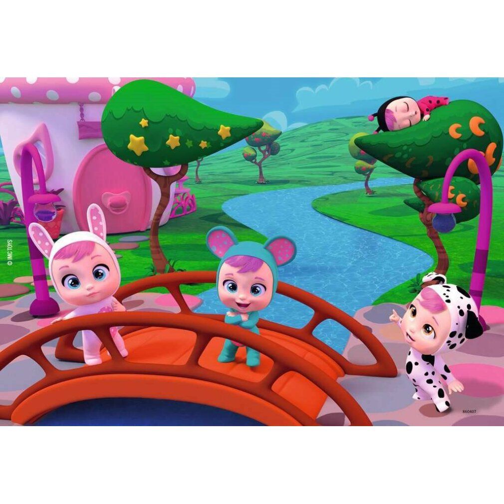 Immagine del puzzle con personaggi Cry Babies su un ponte. Sfondo con alberi, fiume e case.