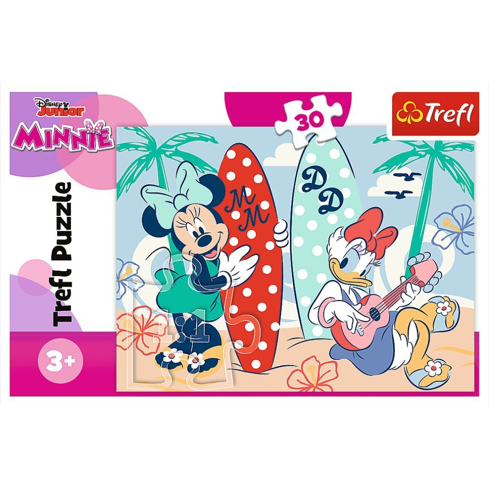 Puzzle Trefl Minnie, 30 pezzi. Confezione con Minnie e Paperina sulla spiaggia. Logo Disney Junior.