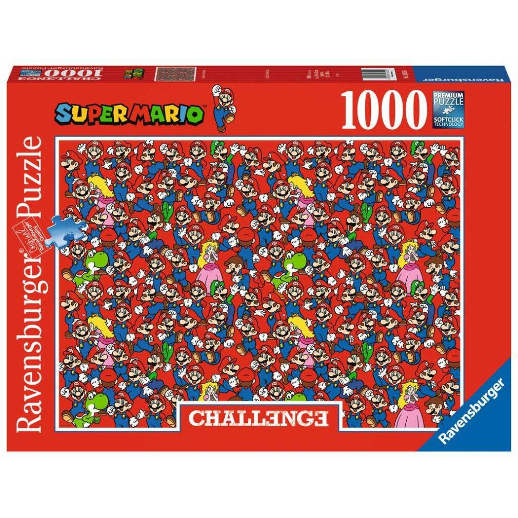 Puzzle Super Mario, 1000 pezzi. Confezione rossa con logo e personaggi. Marchio Ravensburger.