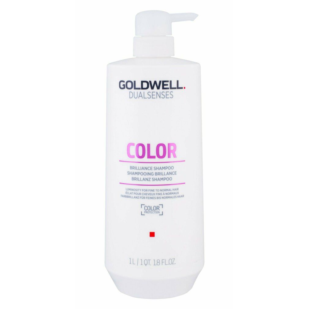 Flacone di shampoo bianco con dosatore a pompa. Scritta: Goldwell Dualsenses Color. Nome prodotto: Brilliance Shampoo. 1L/1QT 1.8 fl.oz.