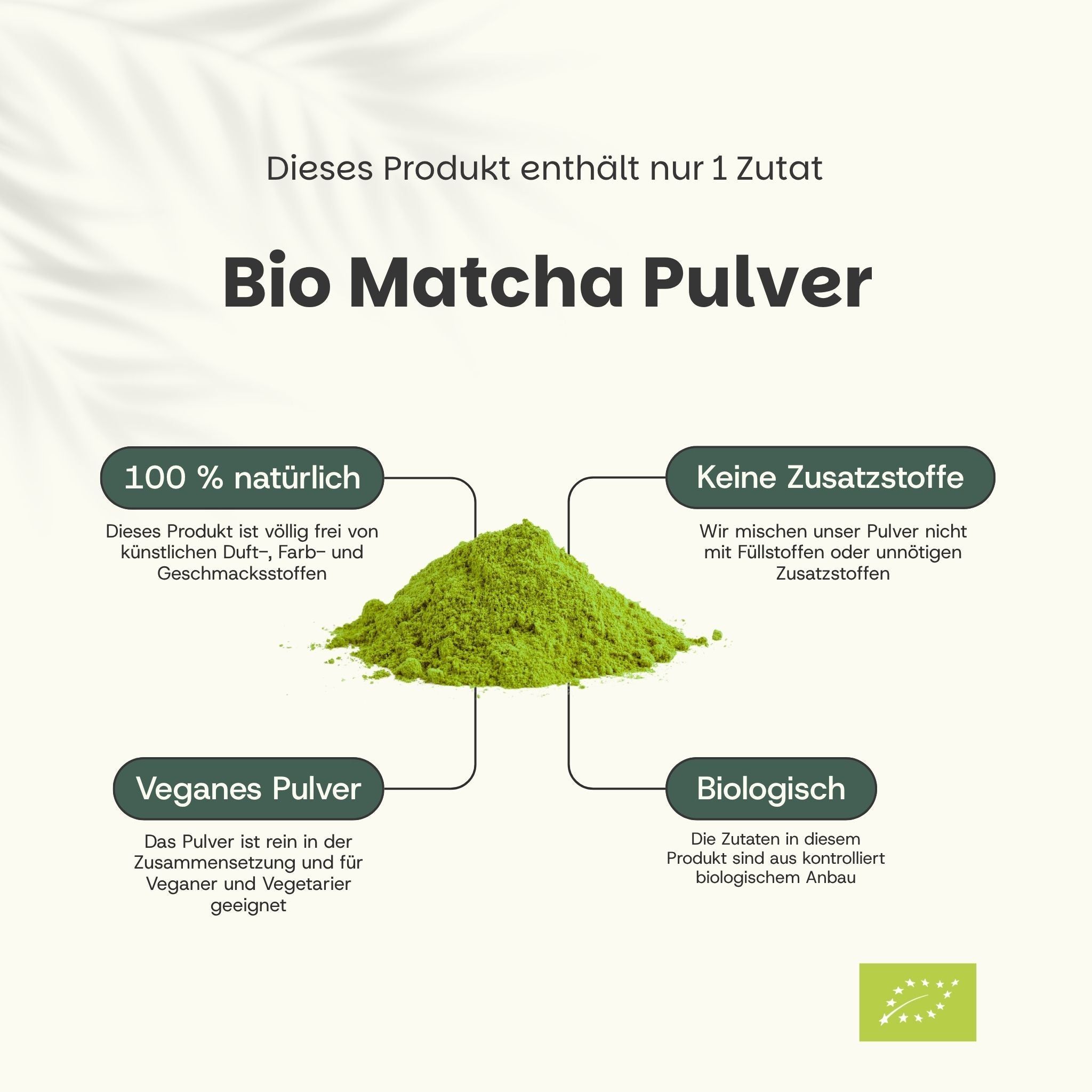 Schema di polvere di matcha biologica. Testo: Solo 1 ingrediente. 100% naturale, senza additivi, polvere vegana, biologica.