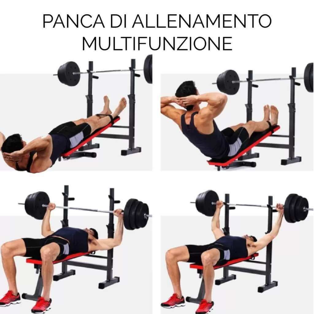 Panca fitness in diverse posizioni di esercizio. Con bilanciere, uomo che si allena. Vari esercizi.