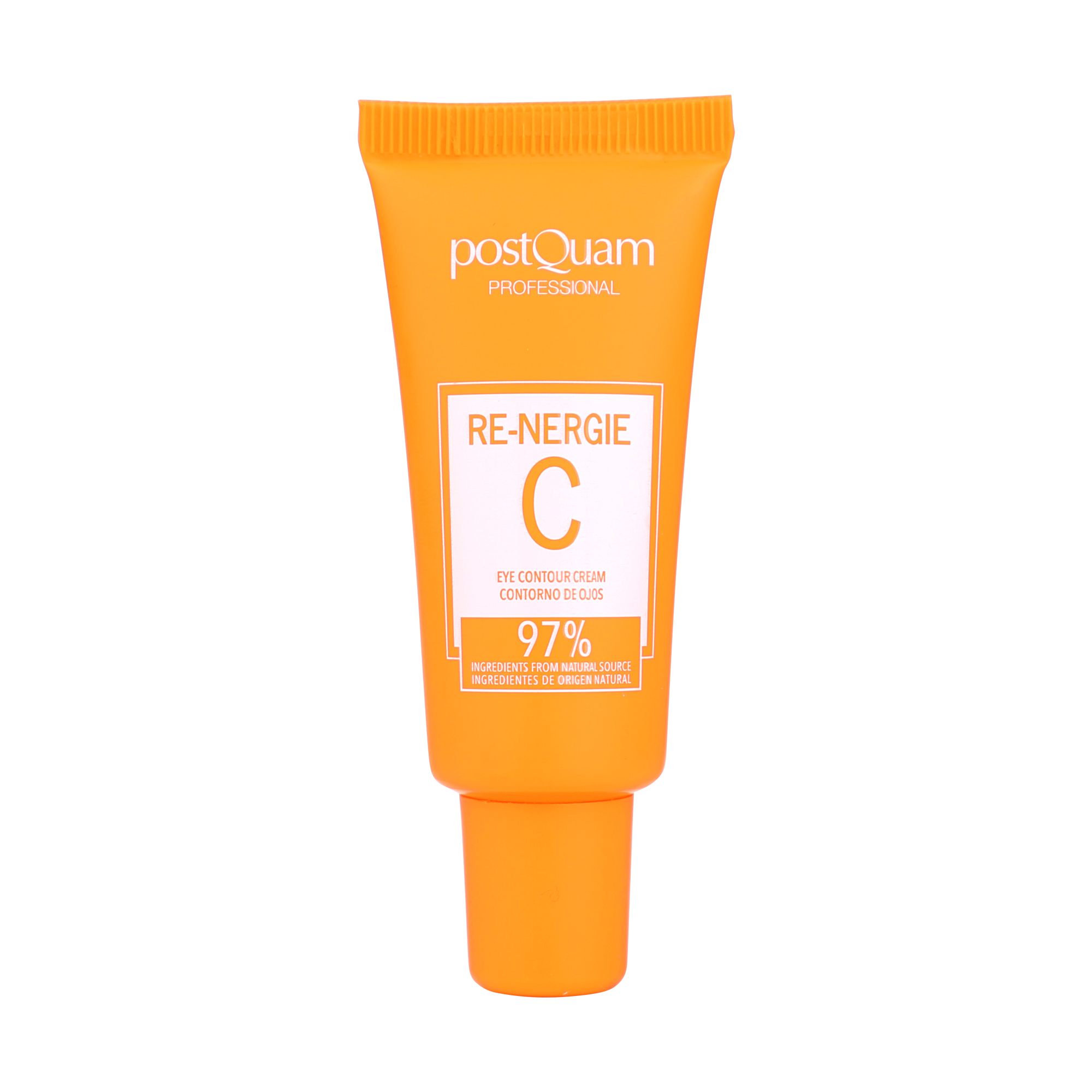 Postquam Re-Nergie C crema contorno occhi. Tubo arancione con etichetta bianca. Testo: Eye Contour Cream, 97% ingredienti naturali.