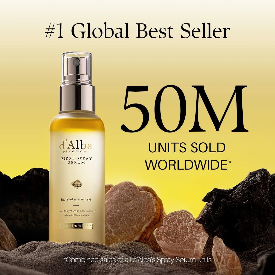 D'alba First Spray Serum. Flacone, testo: #1 Global Best Seller. 50M UNITS SOLD WORLDWIDE.