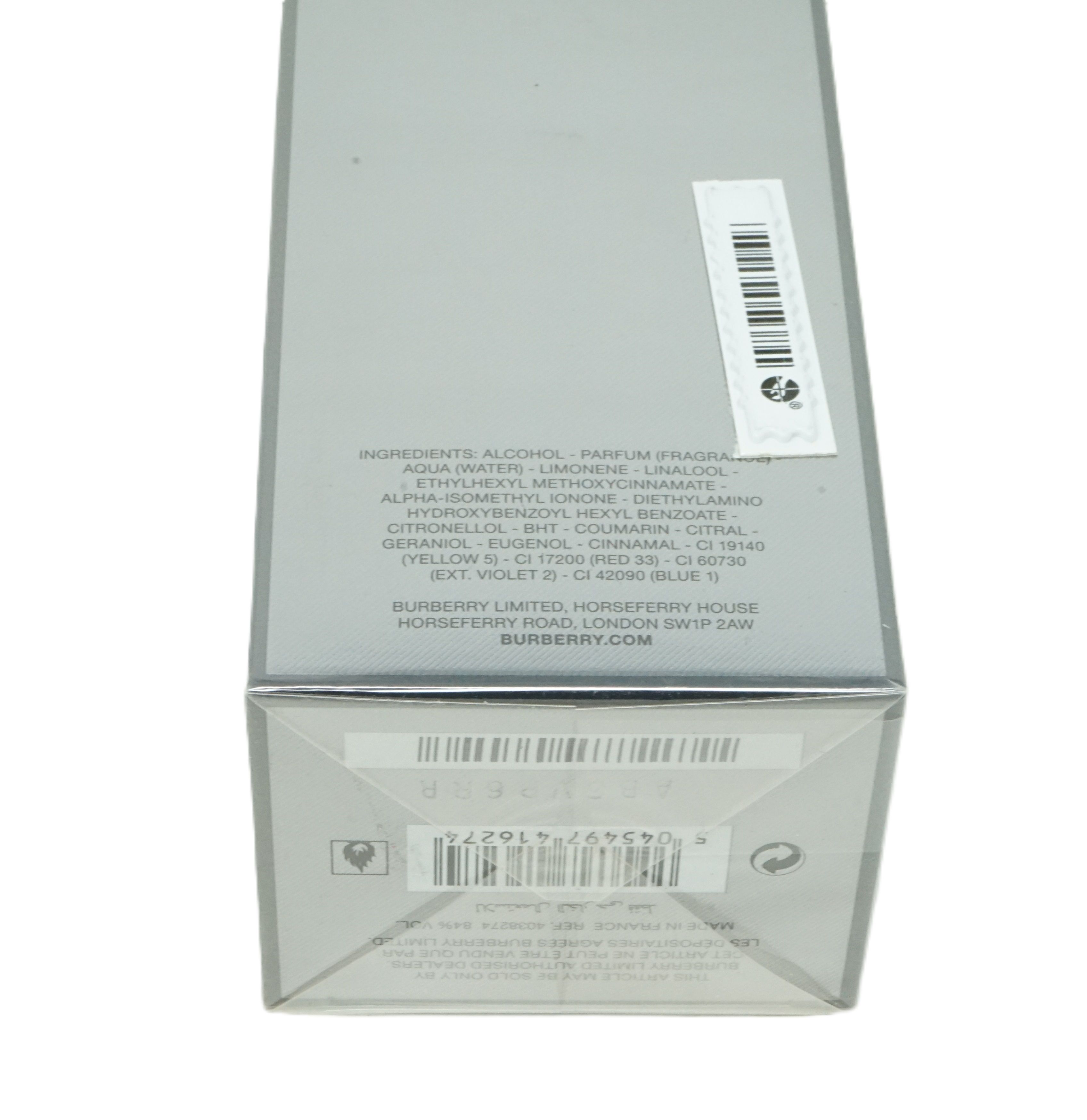 Confezione con ingredienti e codice a barre. Testo: BURBERRY.COM. Adesivo con codice a barre.